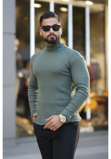 Erkek Haki Boğazlı Triko Kazak Haki