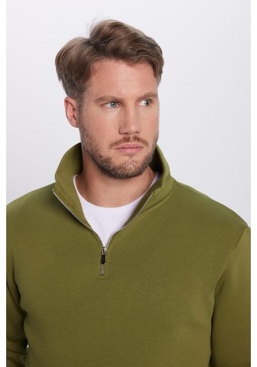 Unisex Relax Fit Rahat Kesim Pamuklu İçi Polarlı Yarım Fermuarlı Haki Dik Yaka Sweatshirt-31452 Haki