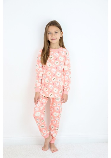 Kız Çocuk Orta Kalınlıkta Basic Baskılı Pijama Takımı Somon
