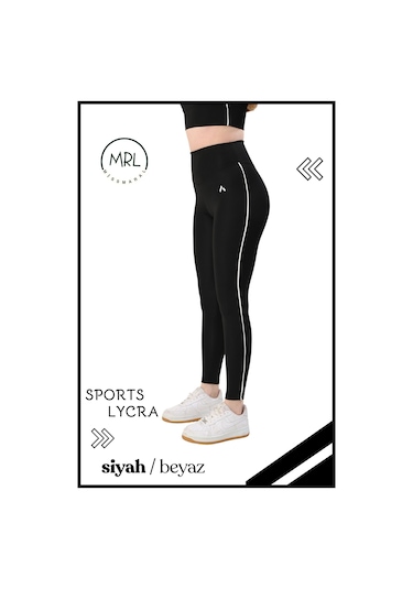 Kadın Yüksek Bel Toparlayıcı Spor Tayt Siyah / Beyaz Şerit Detaylı Lycralı Dalgıç 1041 Siyah Beyaz