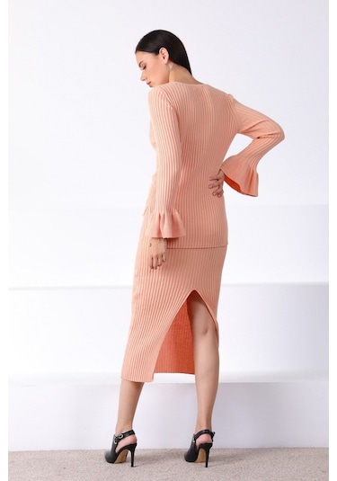 Ferraro Apricot Yırtmaçlı Kadın Triko Etek Pudra