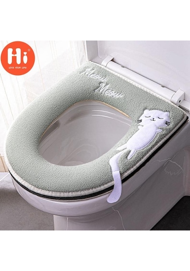 Yeşil Evrensel Klozet Kapağı Yuvarlak Klozet Kapağı Cus On Banyo Lavabo Kapağı Mat Kış T Ck Sıcak Yıkanabilir Kedi Karikatür Sevimli Klozet Kapakları