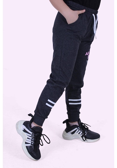 Yıldız Detaylı Yazı Baskılı Kız Çocuk Eşofman Altı Füme