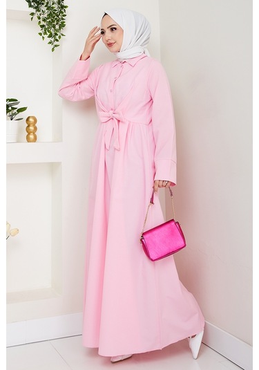 Renda Belden Bağlamalı Elbise 1467 - Pudra Pudra