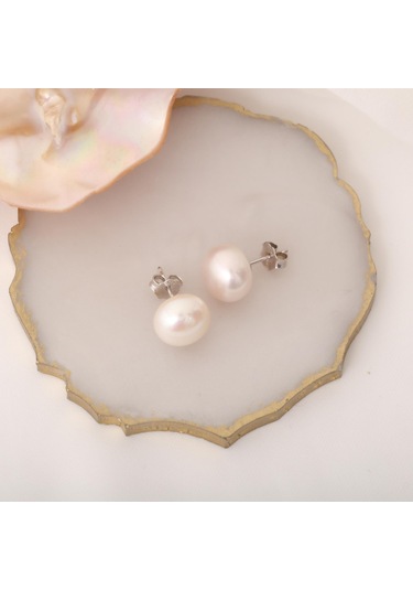 925 Ayar Gümüş Cream Tatlısu İncisi Çivi Küpe-11mm