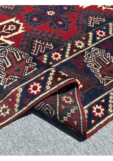 El Dokuma Döşemealtı Halısı 118x190 Kırmızı Lacivert Yün Halı Kırmızı