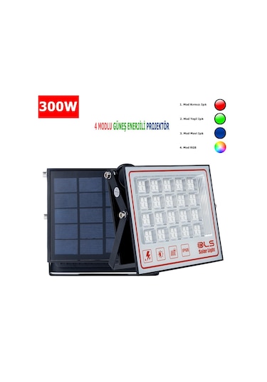 300 Solar 5 Modlu Güneş Enerjili Led Projektör Mavi Yeşil Kırmızı Ve Rgb Renk Aydınlatma
