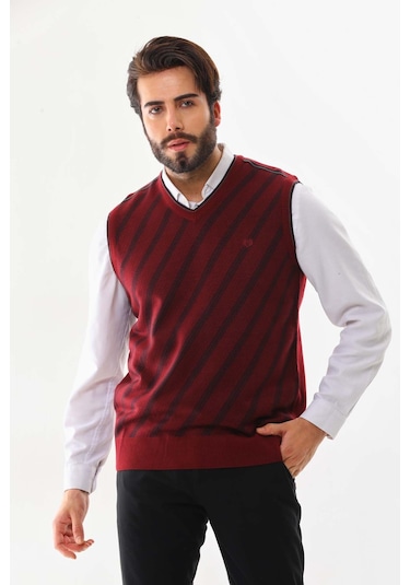 Pelikan Erkek Çizgili V Yaka Süveter 9625 Kiremit