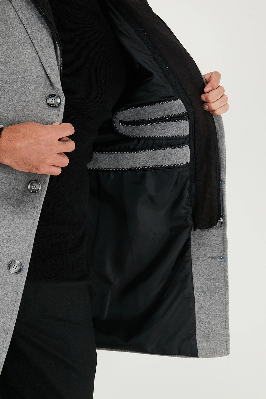 Buratti Çıkarılabilir Kapüşonlu Kırçıllı Slim Fit Kaşe Erkek Kaban 5841013 Gri