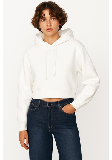Üç İplik Kapüşonlu Crop Sweat Ekru