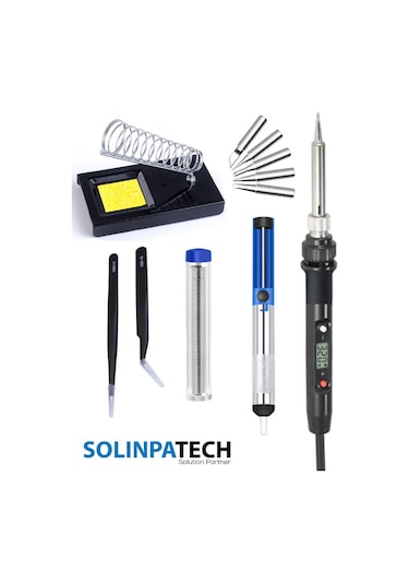 80W LCD Ekranlı Isı Ayarlı Kalem Havya 5 Yedek Uç Lehim Stand  Pompa Cımbız Seti