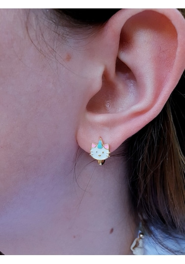 925 Ayar Gümüş Mineli Kedili Çocuk Küpesi Altın Renk