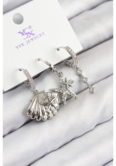 Pirinç Zirkon Taşlı 3'lü Yıldız Ve İstiridye Model Gümüş Renk Kadın Küpe Çok Renkli