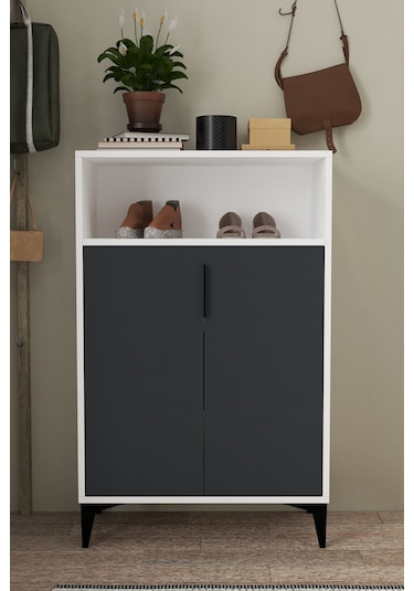 1202 Ada Ayakkabılık 4 Raflı 2 Kapaklı Çok Amaçlı Dolap Antrasit Beyaz Antrasit - Beyaz