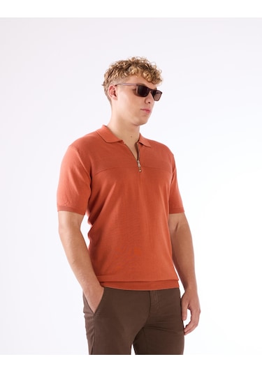 Dufy Kiremit Örgü Erkek Triko - Slim Fit KIREMIT