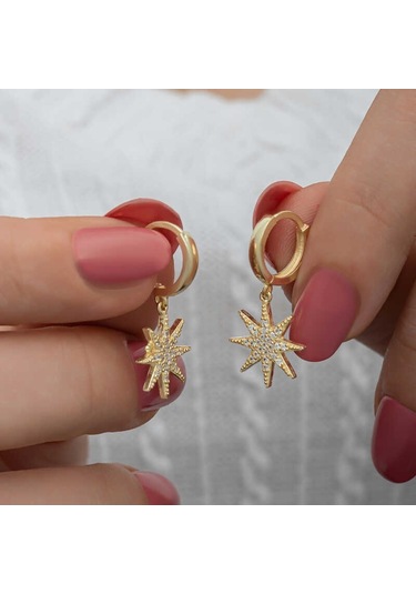 Aya Diamond Gümüş Gold Sallantılı Kutup Yıldızı Kadın Küpe Gold