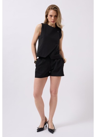 Modasize Yandan Düğmeli Dokuma Yelek Siyah