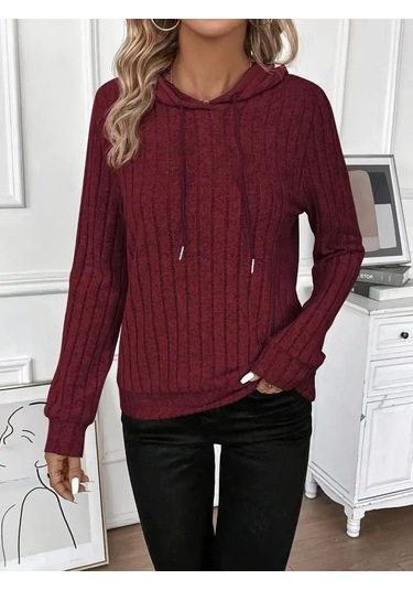 Sensuelle Kadın Uzun Kollu Kapşonlu Bağcıklı Şardonlu Kaşkorse Bluz Bordo