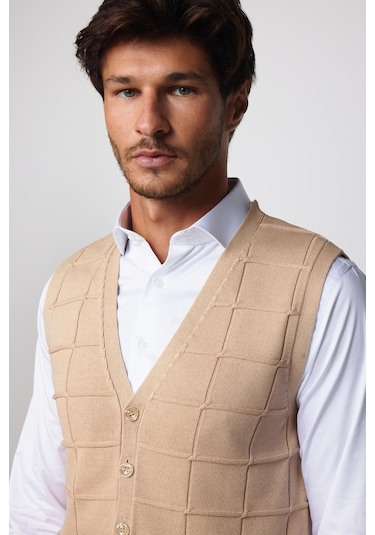 Tudors Slim Fit Kare Desenli Taş Rengi Erkek Yelek-29711-Taş