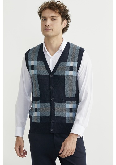 Düğmeli Yünlü Kalın Triko Yelek - Lacivert Lacivert