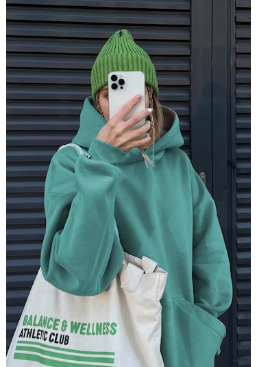 Madmext Mavi Kapüşonlu Şardonlu Oversize Sweatshirt Mg1566 Mavi