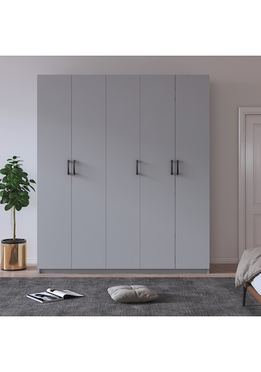 %100 Mdflam 5 Kapaklı 150cm Gardrop G-09 Kül Gri