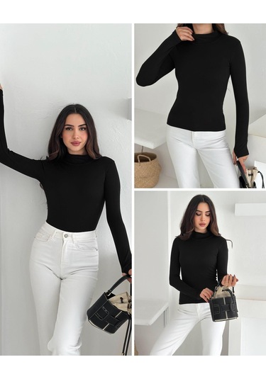 Kadın Yarım Balıkçı Yaka Parmak Geçmeli Full Likralı Buzz Body Siyah