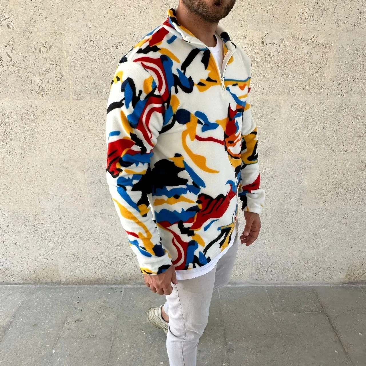 Erkek Yarım Fermuarlı Desenli Polar Sweat Renkli Abstract Desen Yakalı, Uzun Kollu, Oversize Rahat Beyaz