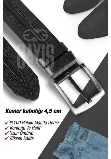 Özel Oval Kutulu Hakiki Manda Derisi Siyah Desenli Kot Pantolon Kemeri Hediyelik Çeyizlik Kemer Siyah