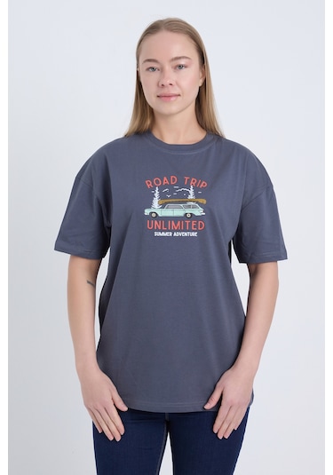 Velvoria Unisex Oversize Road Trip Baskılı Antrasit Renk T-shirt