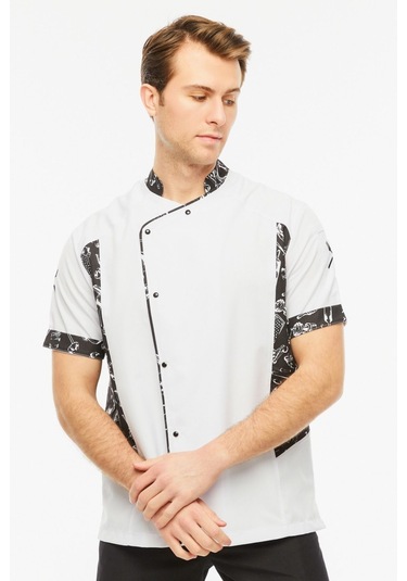 Uniprom Kısa Kollu Aşçı Ceketi Önlük Nakışlı Cepli Şef, Garson Beyaz-siyah