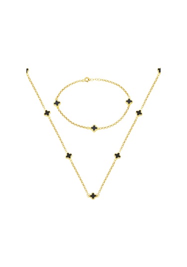 Bilezikci Oniks Taşlı Yonca 14 Ayar Altın Set Takımı