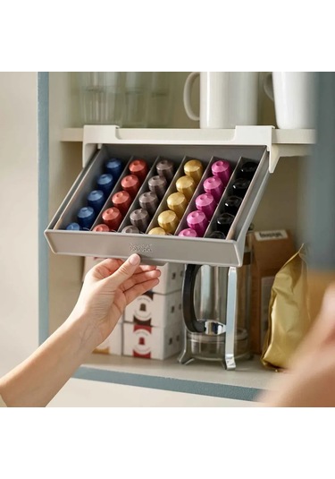 Konesam 30 Nespresso Kapsülü Depolayan Çekmeceli Mutfak Raf Altı Tutucu - 3m Band İle Kolay Kurulum, Dayanıklı Tasarım Bej