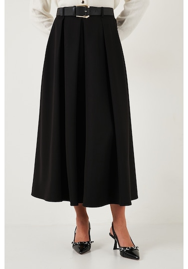 Lela Modest Kemerli Comfort Fit Yüksek Bel Pileli Kloş Uzun Tesettür Bayan Etek 6833360 Siyah