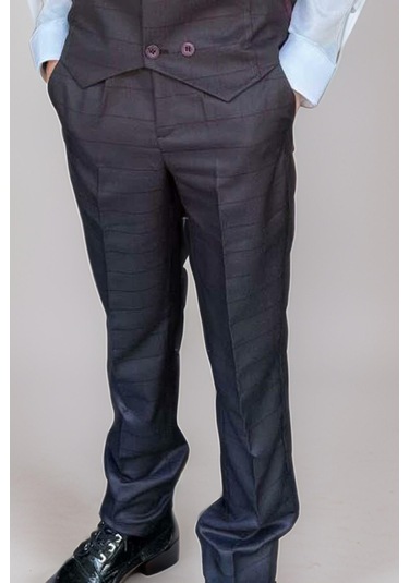 Riccotarz Erkek Çocuk Cepken Yelekli Ekose Desenli Mürdüm Çizgi Detaylı Takım Elbise 10-14 Yaş Mürdüm