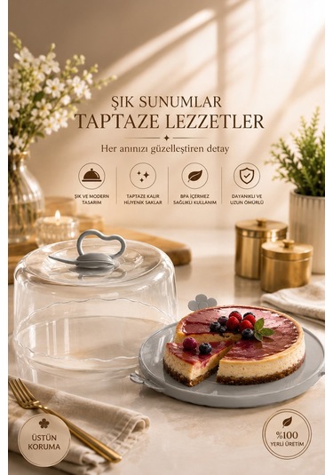 Porsima L-501 Caramel Kek Saklama Taşıma Kabı Fanusu Gri
