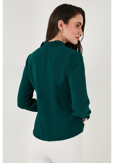 Lela Taşlı Regular Fit Gömlek Yaka Fermuarlı Bayan Bluz 611Bz0493 Zümrüt