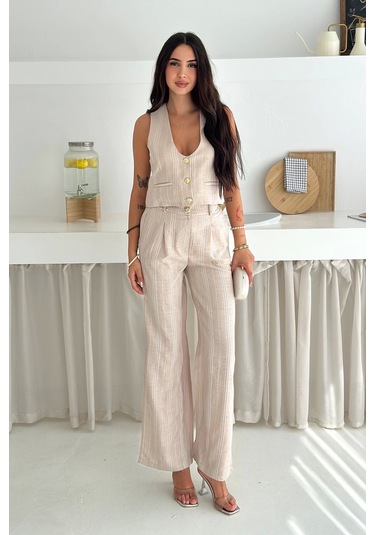 Çizgili Kumaş Yelek Takım Krem Krem