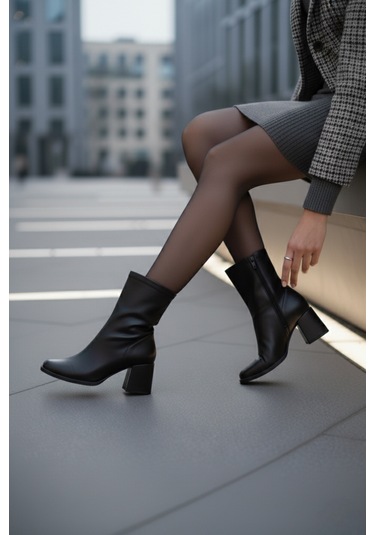 Kadın Rozi Küt Burunlu Topuklu Streç Bot Siyah