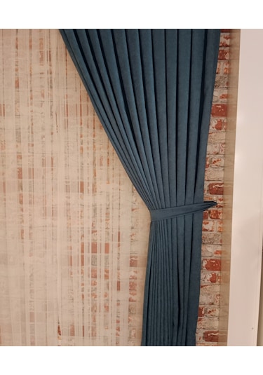 Petrol Mavisi Renk Fon Kadife Perde Çift Kanat 1/3 Sık Pileli Dikim V-33 Petrol Mavisi