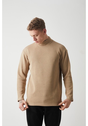 R-5849 Boğazlı Düz Örme Kazak Sweat Vizon