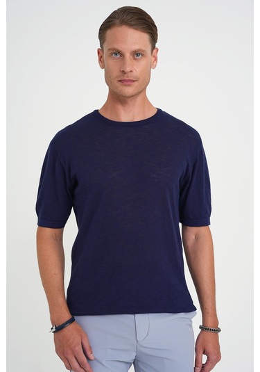 Comfort Fit Bisiklet Yaka Kısa Kol Spor Lacivert Triko Tr 881 Lacivert