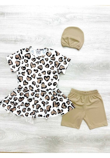 My Kids Wear Üç Parça Kız Çocuk Boneli Mayo Kırmızı - Beyaz