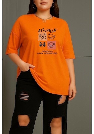Büyük Beden Aef Ayıcık Baskılı Unisex Tişört Turuncu