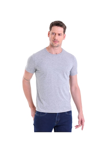 Hatemoğlu Regular Fit Pamuk Bisiklet Yaka Düz Erkek Tişört Gri Melanj Gri