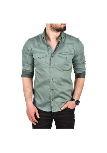 Deepsea Erkek Yeşil Slim Fit Pamuklu Cepli Kot Gömlek Çıtçıtlı Uzun Kollu Spor Gömlek 2502503 Yeşil