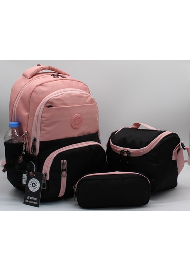 İlk Okul Çantası 3'lü Seti Unisex Çocuk İlkokul Çantası Bvt-8010 Pudra-siyah Pudra