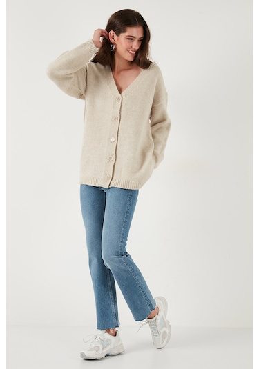 Lela Regular Fit V Yaka Düğmeli Triko Bayan Hırka 4616229 Taş