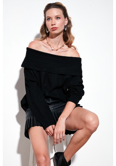 Lela Oversize Fit Madonna Yaka Triko Bayan Kazak 4615216 Siyah