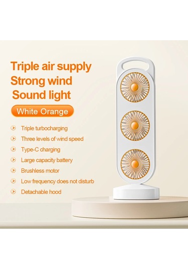 Goldenqian Üç Hava Çıkışlı Masaüstü Fanı Usb Şarjı Ayarlanabilir Yüksek Rüzgar Enerjisi Açık Kamp İçin Uygun Soğutma Ekipmanları White Orange